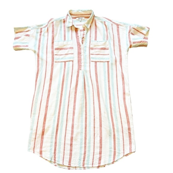 Madewell Courier Stripe Linen Cotton cream multicolor shirt dress Popover Medium - Picture 2 of 8